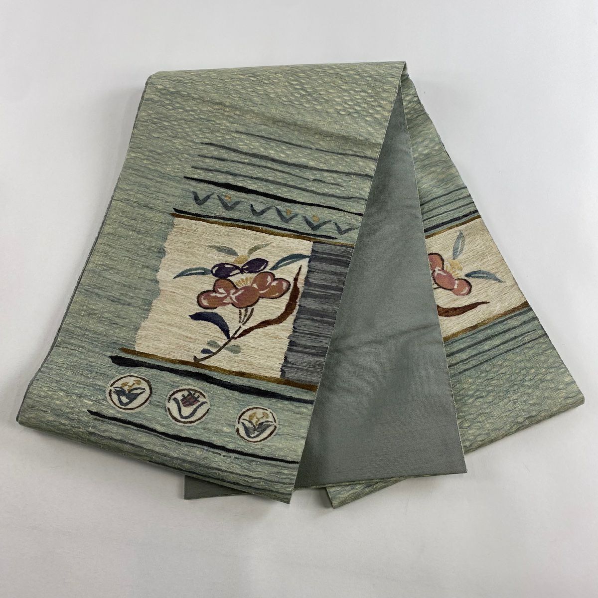 【美品】 袋帶 秀品級 草花紋 灰綠 お太鼓圖案 純蠶絲