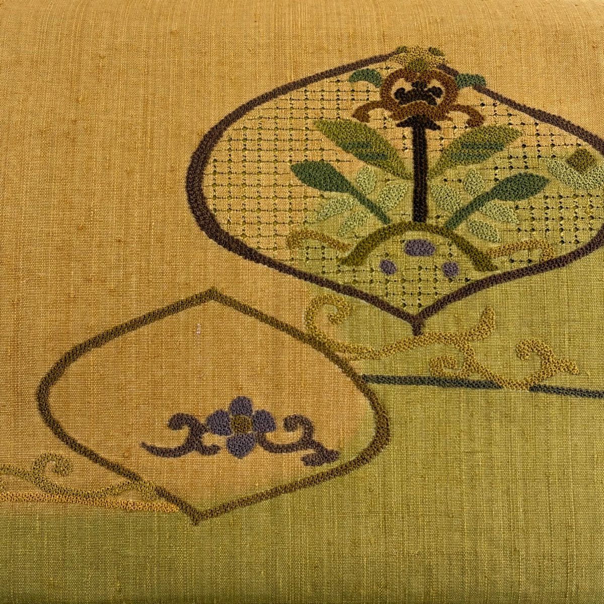 【美品】名古屋帶 秀品級 紬織織 草花紋紋 刺繡 山吹茶 純蠶絲