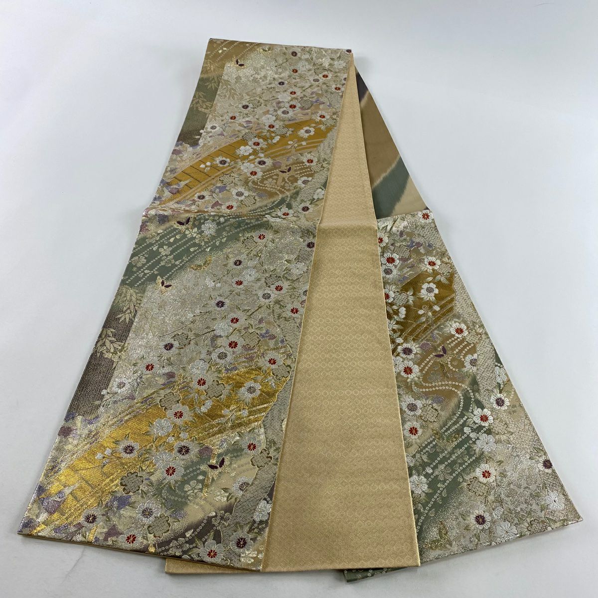 【美品】 袋帶 優品級 櫻花 橋 金金箔 金色 六通 純蠶絲
