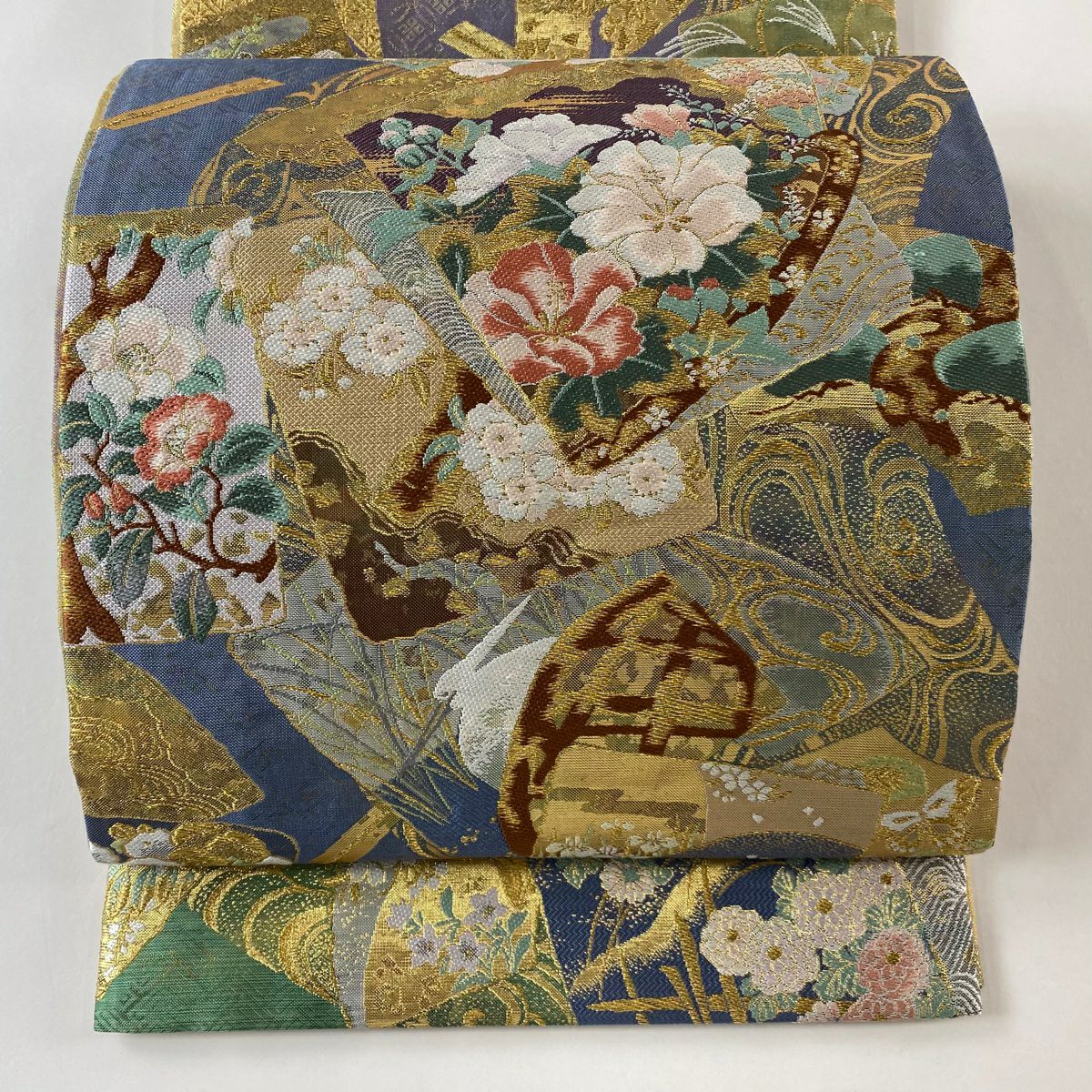 【美品】 袋帶 逸品級 京琳派色紙取文 金糸 金金箔 青灰 純蠶絲