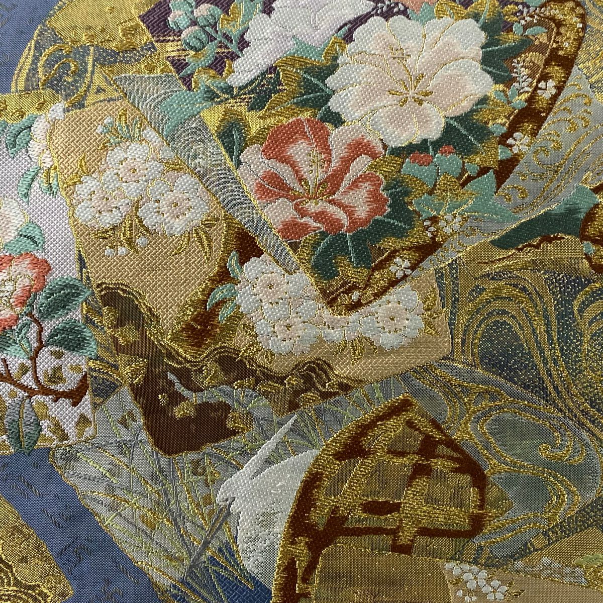 【美品】 袋帶 逸品級 京琳派色紙取文 金糸 金金箔 青灰 純蠶絲