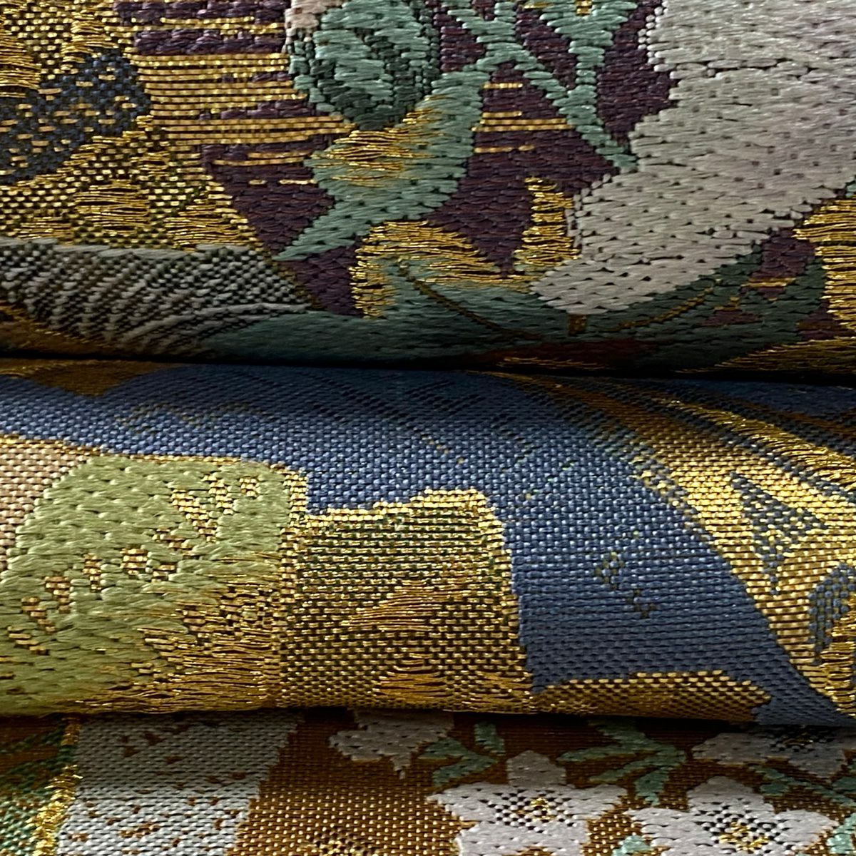 【美品】 袋帶 逸品級 京琳派色紙取文 金糸 金金箔 青灰 純蠶絲