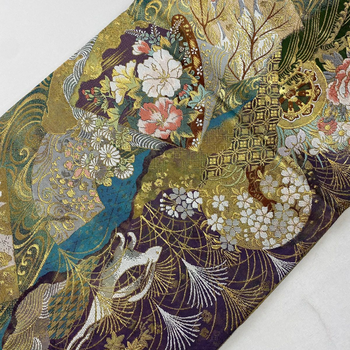 【美品】 袋帶 逸品級 京琳派色紙取文 金糸 金金箔 青灰 純蠶絲