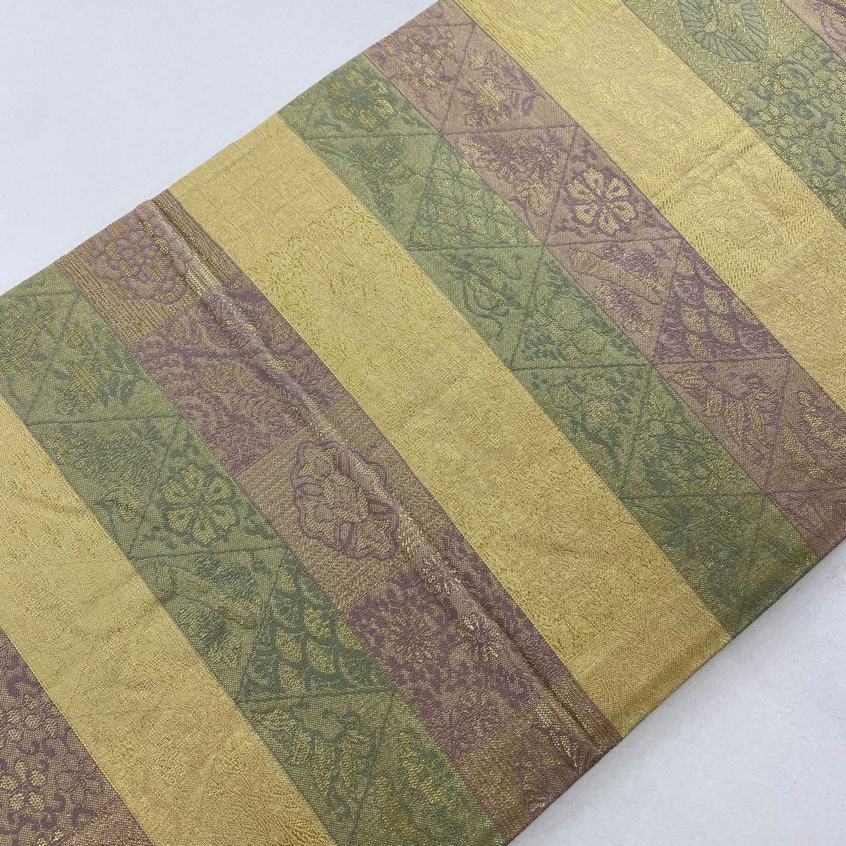 【美品】 袋帶 逸品級 京琳派色紙取文 金糸 金金箔 青灰 純蠶絲