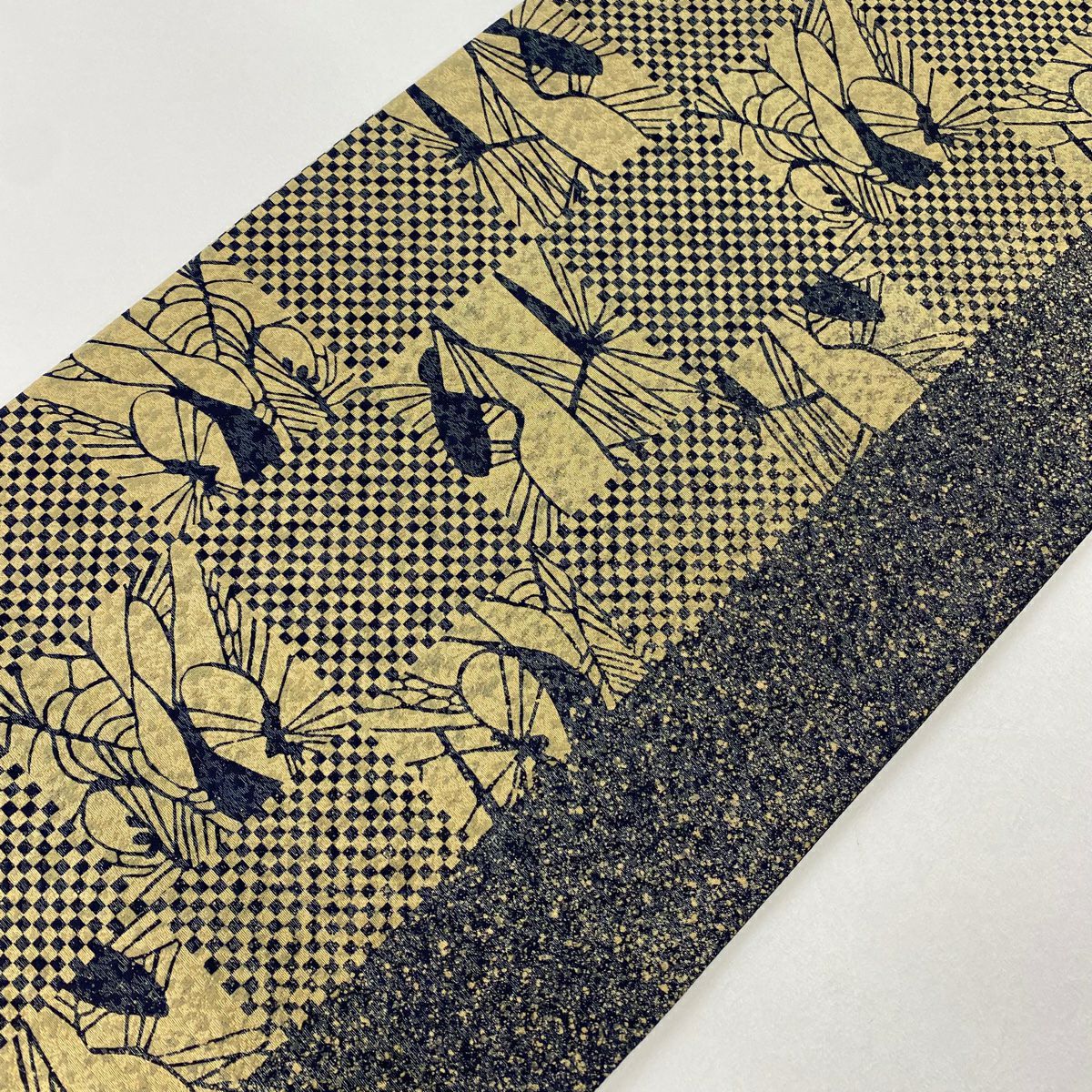 【美品】 袋帶 逸品級 天然藍染 變化市松樹 金通 薄茶 全通 純蠶絲