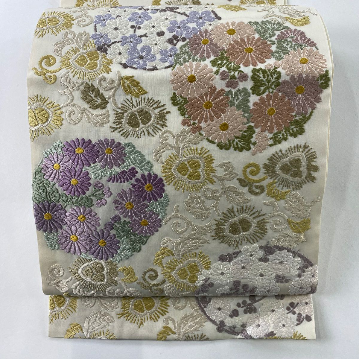 袋帶 逸品級 附有落款 花丸紋 草花紋 唐織 奶油色 六通 純蠶絲