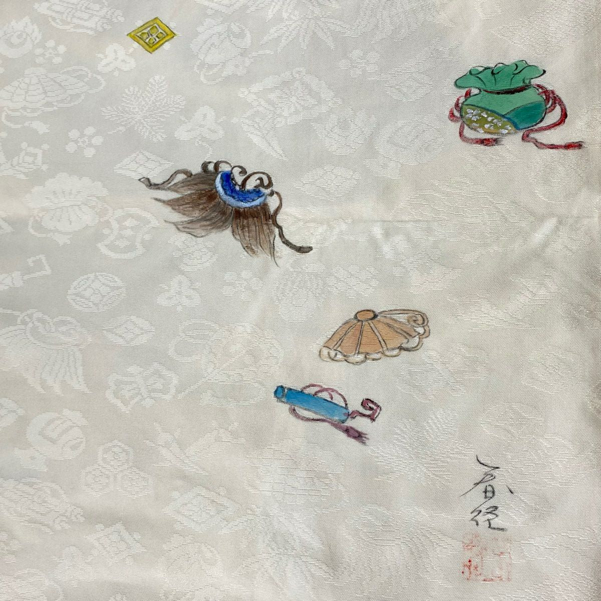 袋帶 逸品級 附有落款 花丸紋 草花紋 唐織 奶油色 六通 純蠶絲