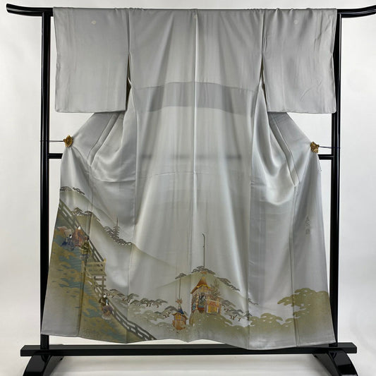 灰色留袖禮服 身長155cm 袖長65.5cm M 雙層 和田光正 落款あり 京風景 山鉾 金銀彩 純蠶絲 名品級 三つ紋
