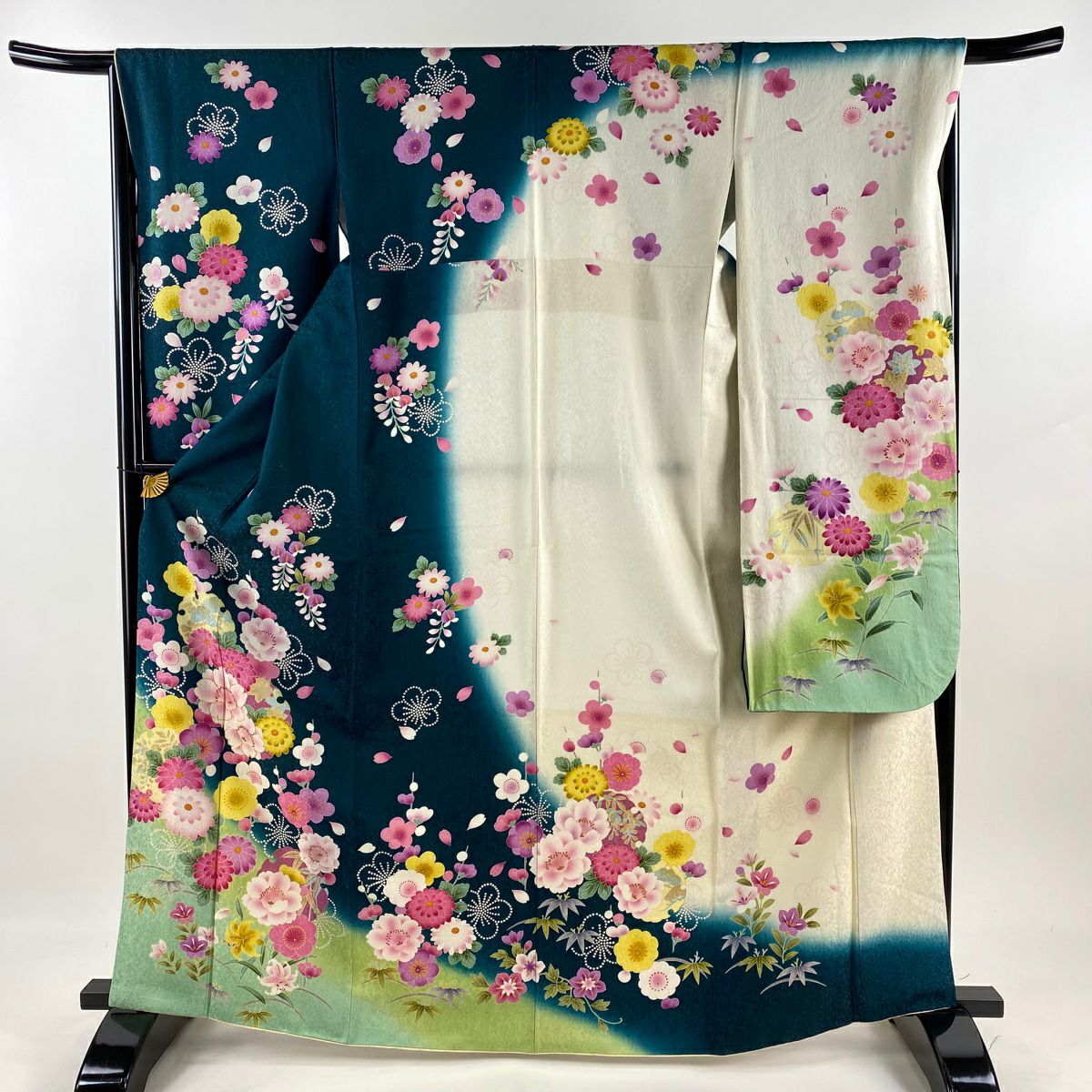 振袖禮服 身長166cm 袖長66.5cm M 雙層 櫻花 雪輪 銀通 金絲 深綠 純蠶絲 逸品級