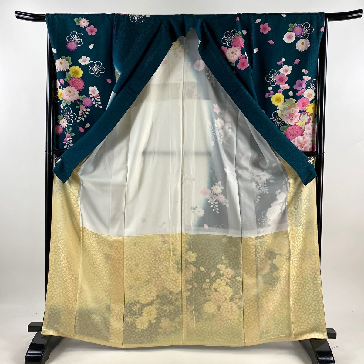 振袖禮服 身長166cm 袖長66.5cm M 雙層 櫻花 雪輪 銀通 金絲 深綠 純蠶絲 逸品級