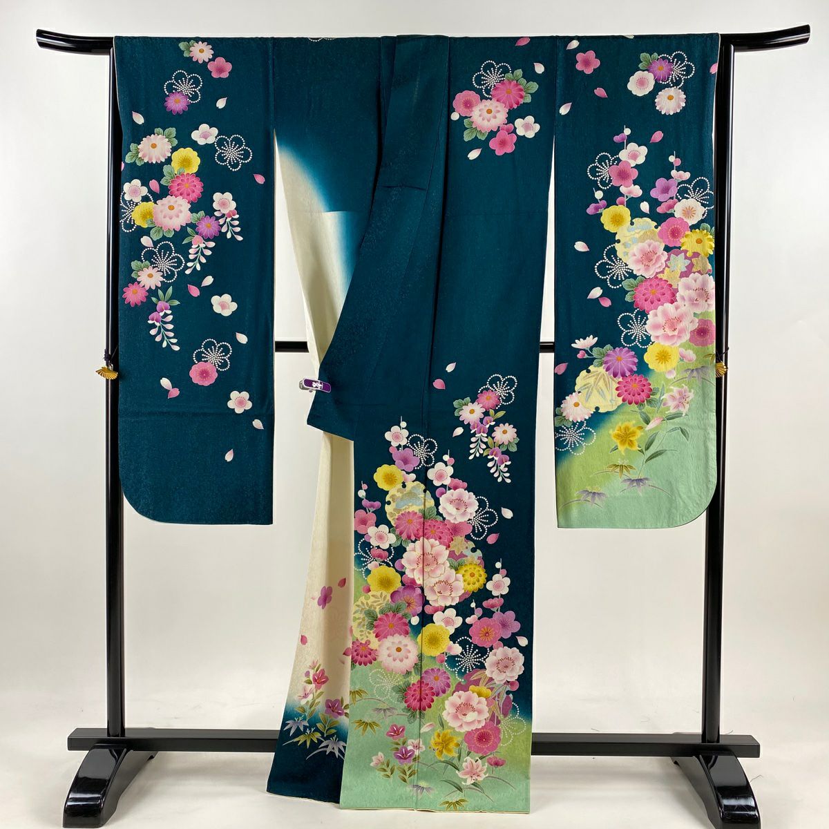 振袖禮服 身長166cm 袖長66.5cm M 雙層 櫻花 雪輪 銀通 金絲 深綠 純蠶絲 逸品級