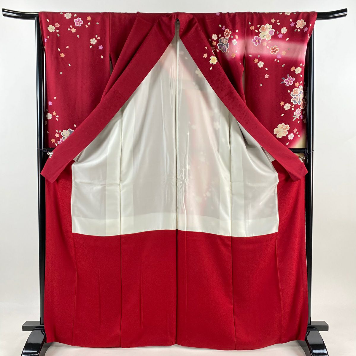 【美品】振袖禮服 身長169.5cm 袖長66.5cm M 雙層 誰袖 草花紋紋 金銀彩 紅 純蠶絲 逸品級