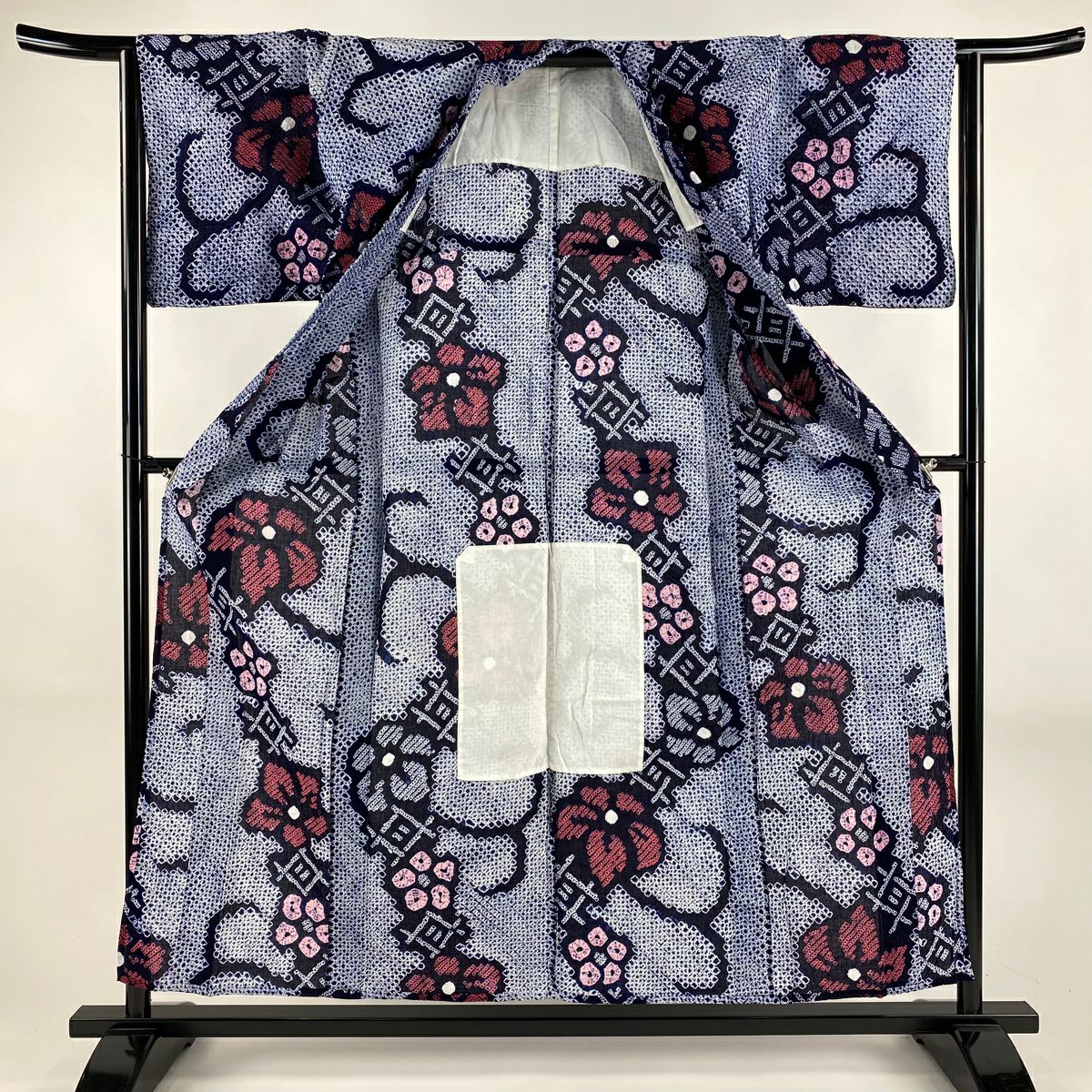浴衣 身長153.5cm 袖長63.5cm S 花唐草紋 絞染浴衣 深藍 純棉 名品級
