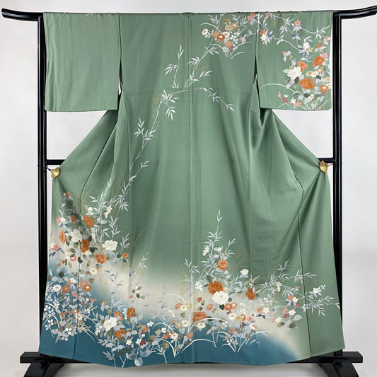訪問服 身長159cm 袖長63.5cm S 雙層 草花紋紋 葉 金彩裝飾 漸層 灰綠 純蠶絲 名品級