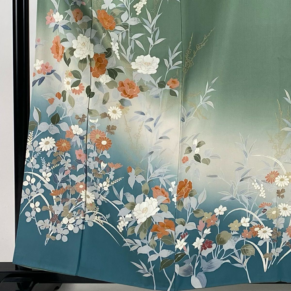 訪問服 身長159cm 袖長63.5cm S 雙層 草花紋紋 葉 金彩裝飾 漸層 灰綠 純蠶絲 名品級