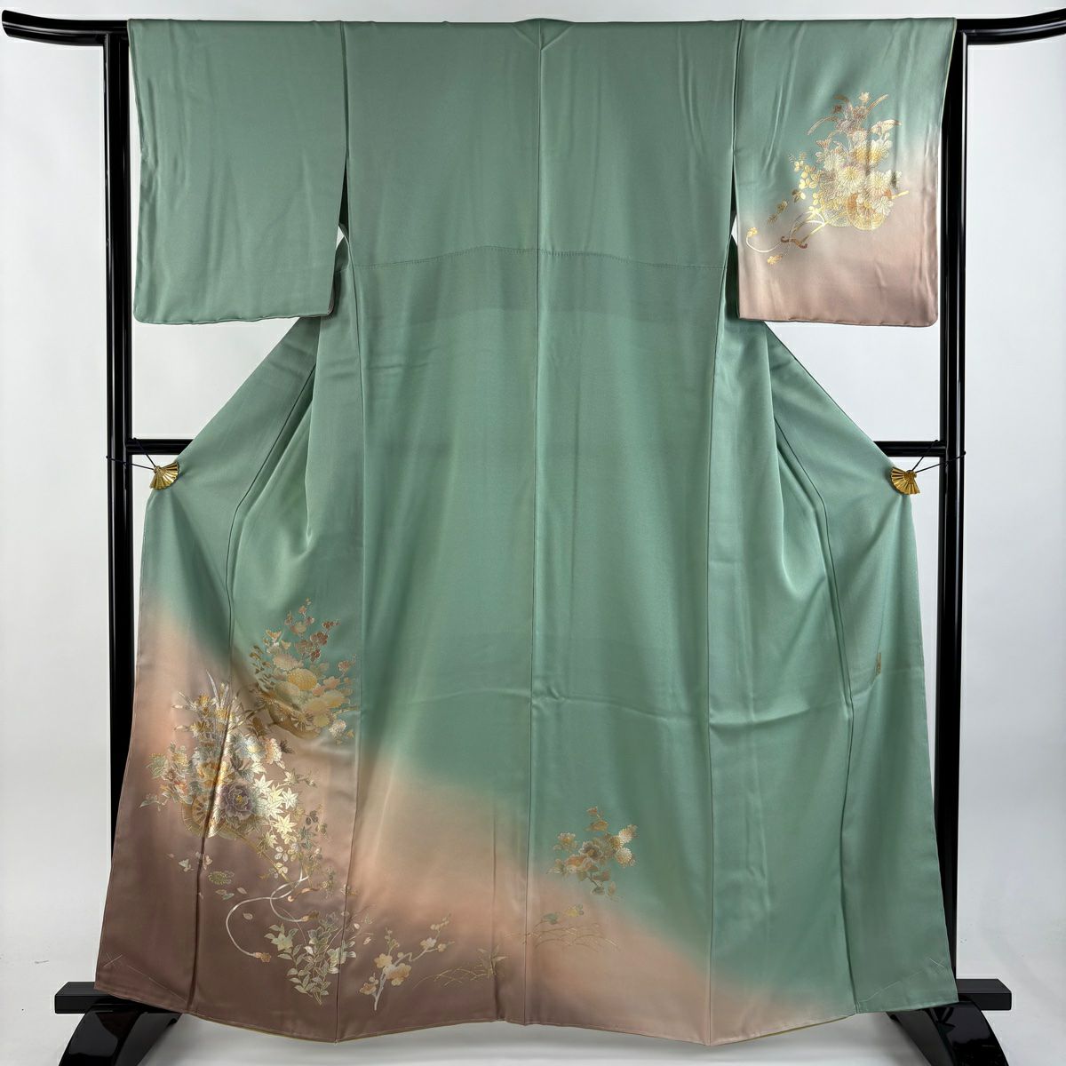 付下 身長161.5cm 袖長64cm M 雙層 和田光正 落款 花車 草花紋 金銀彩 漸層 淺綠 純蠶絲 名品級