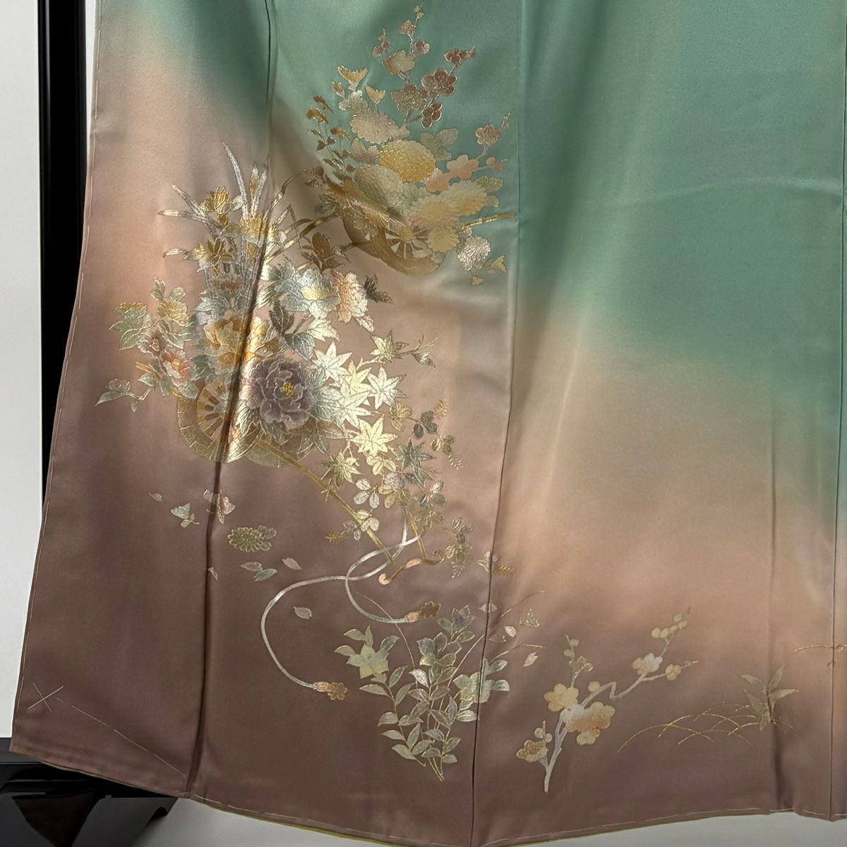 付下 身長161.5cm 袖長64cm M 雙層 和田光正 落款 花車 草花紋 金銀彩 漸層 淺綠 純蠶絲 名品級
