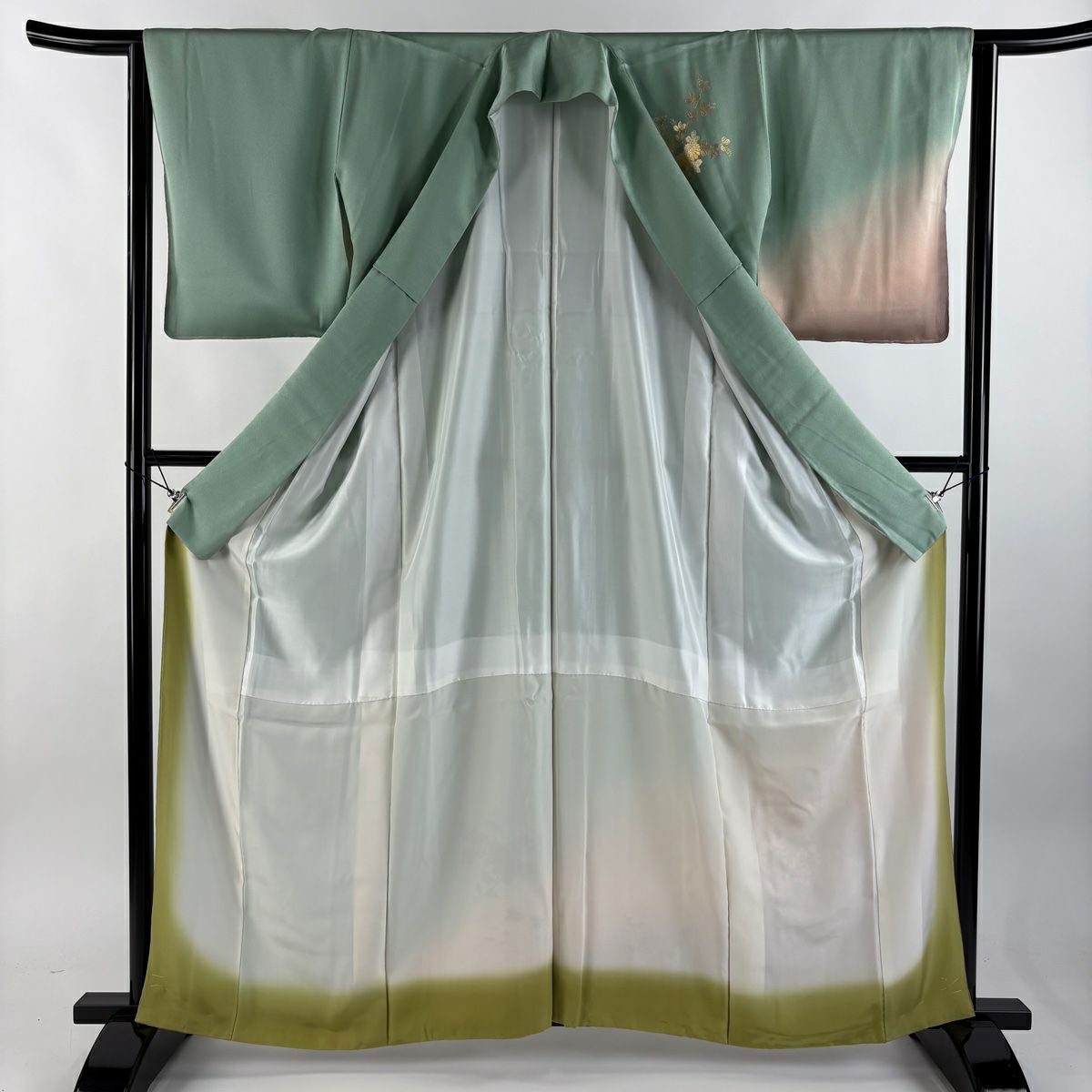付下 身長161.5cm 袖長64cm M 雙層 和田光正 落款 花車 草花紋 金銀彩 漸層 淺綠 純蠶絲 名品級