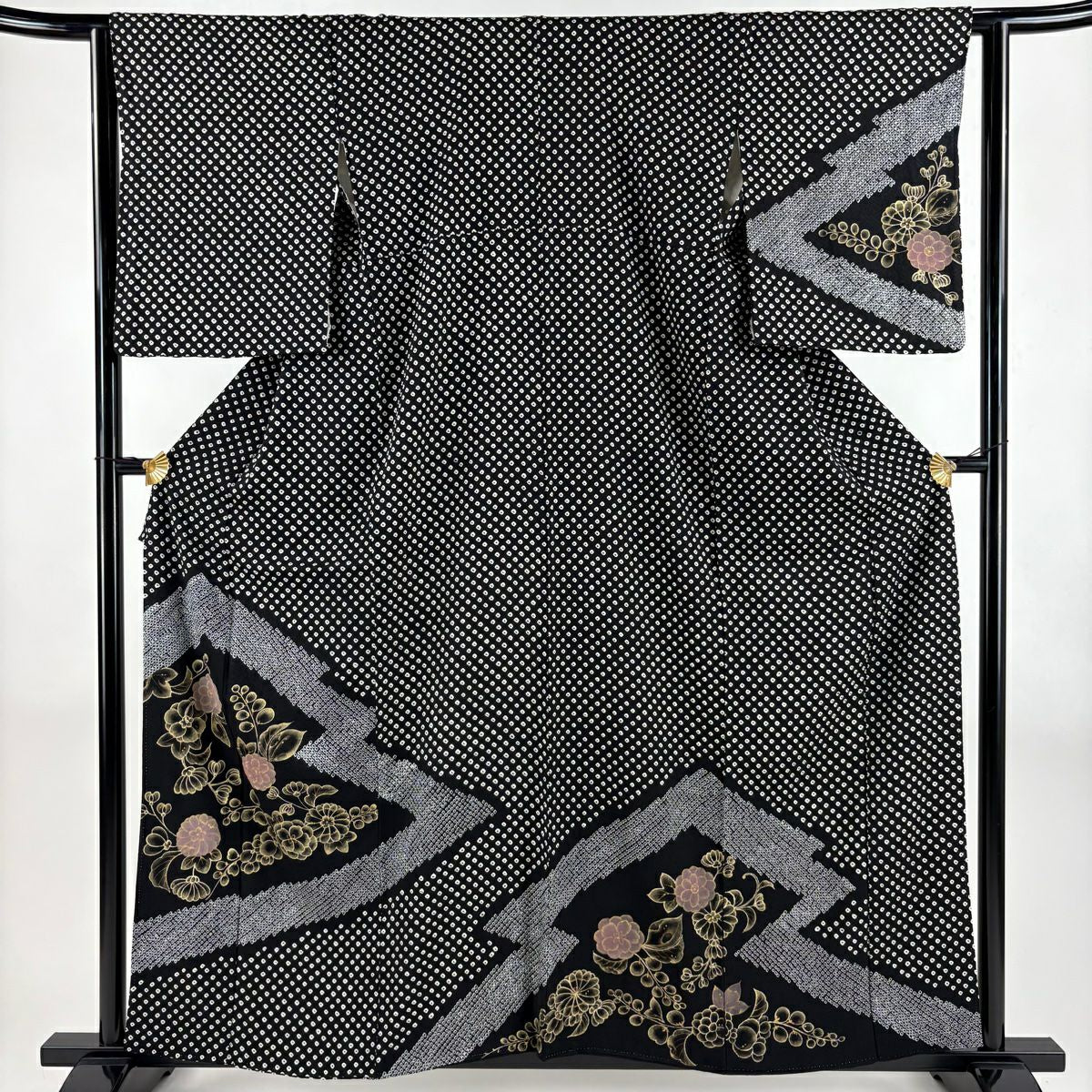 付下 身長159cm 袖長63.5cm S 雙層 草花紋紋 幾何學圖案 絞染 金銀彩 黑 純蠶絲 名品級