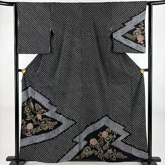 付下 身長159cm 袖長63.5cm S 雙層 草花紋紋 幾何學圖案 絞染 金銀彩 黑 純蠶絲 名品級