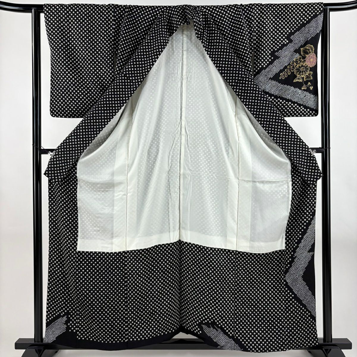 付下 身長159cm 袖長63.5cm S 雙層 草花紋紋 幾何學圖案 絞染 金銀彩 黑 純蠶絲 名品級
