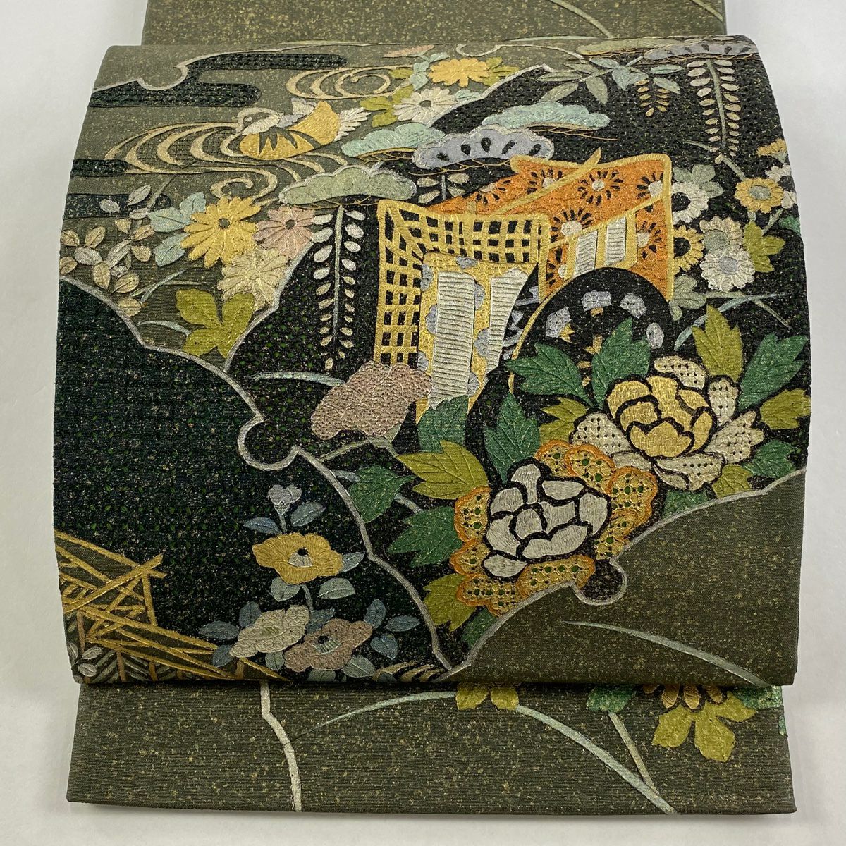 【庫存清倉】 【美品】 袋帶 名品級 御所車 草花紋 金絲 金銀彩 茶綠 深藍色 正蠶絲