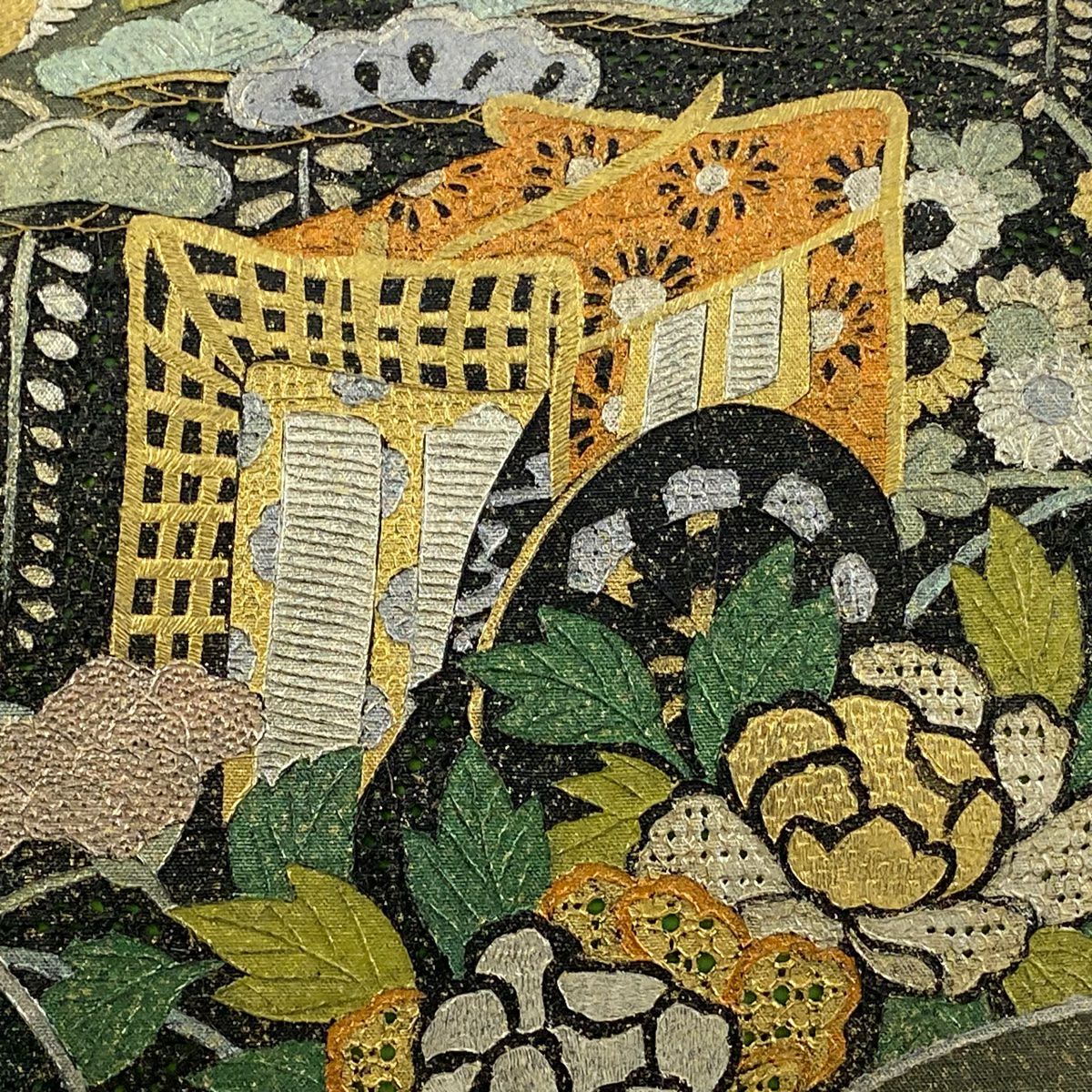 【庫存清倉】 【美品】 袋帶 名品級 御所車 草花紋 金絲 金銀彩 茶綠 深藍色 正蠶絲