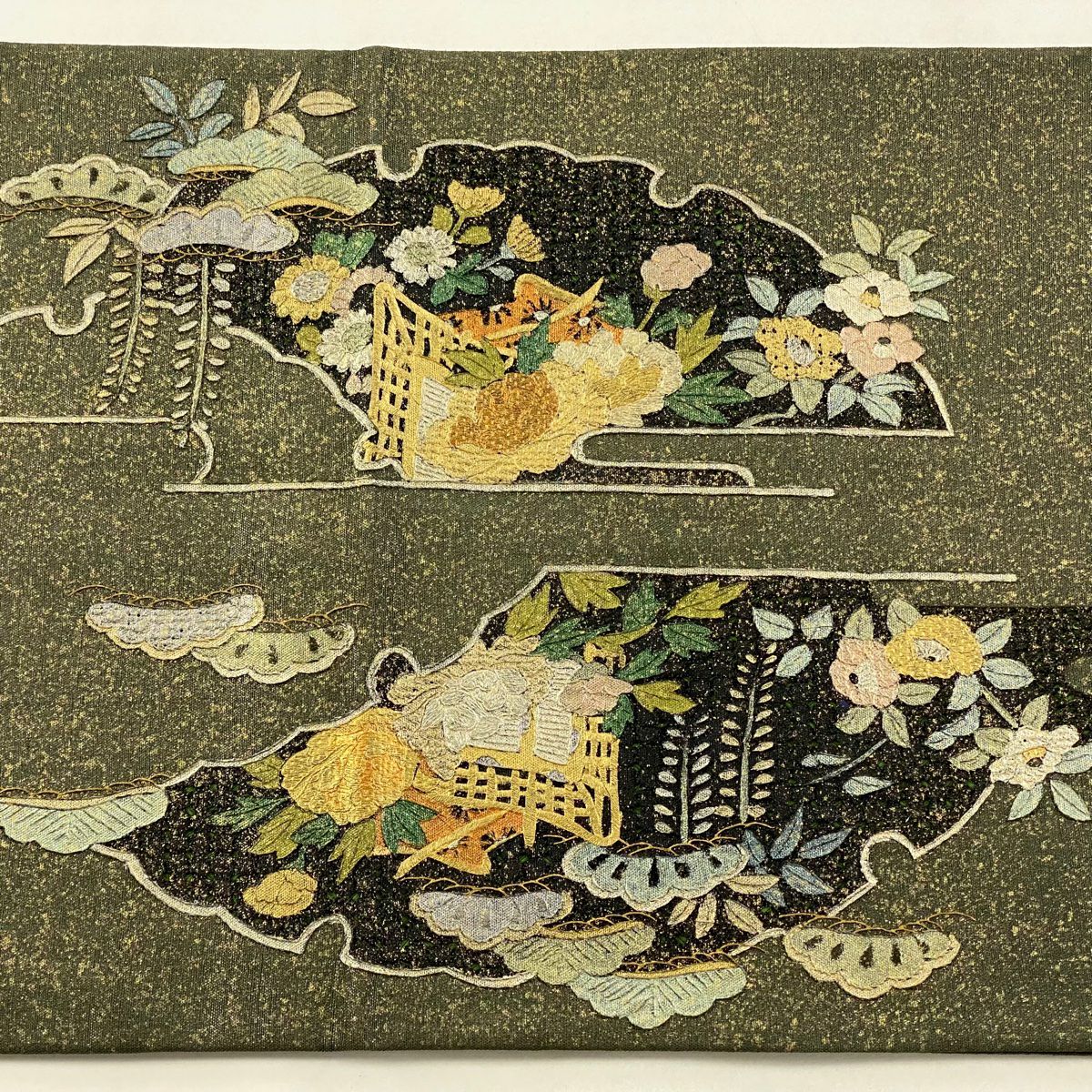 【庫存清倉】 【美品】 袋帶 名品級 御所車 草花紋 金絲 金銀彩 茶綠 深藍色 正蠶絲