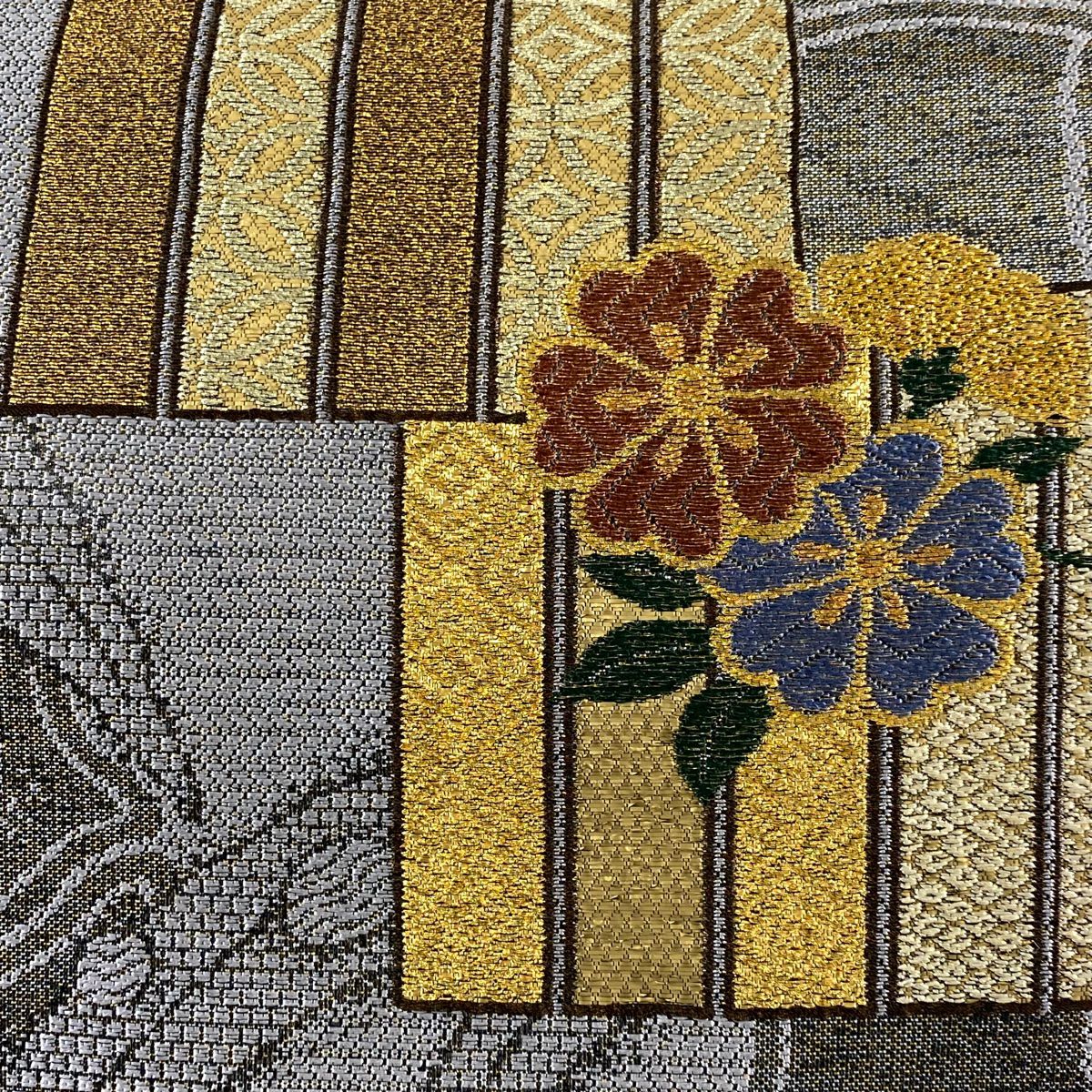 【庫存清倉】 【美品】 袋帶 名品級 關西仕立 源氏香 櫻花 金金箔 灰色 六通 純蠶絲