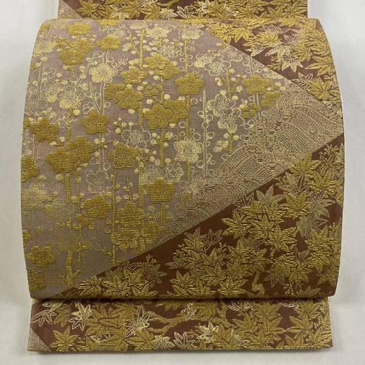 【庫存清倉】 【美品】 袋帶 名品級 楓梅花 金絲 淺粉色 六通 純蠶絲