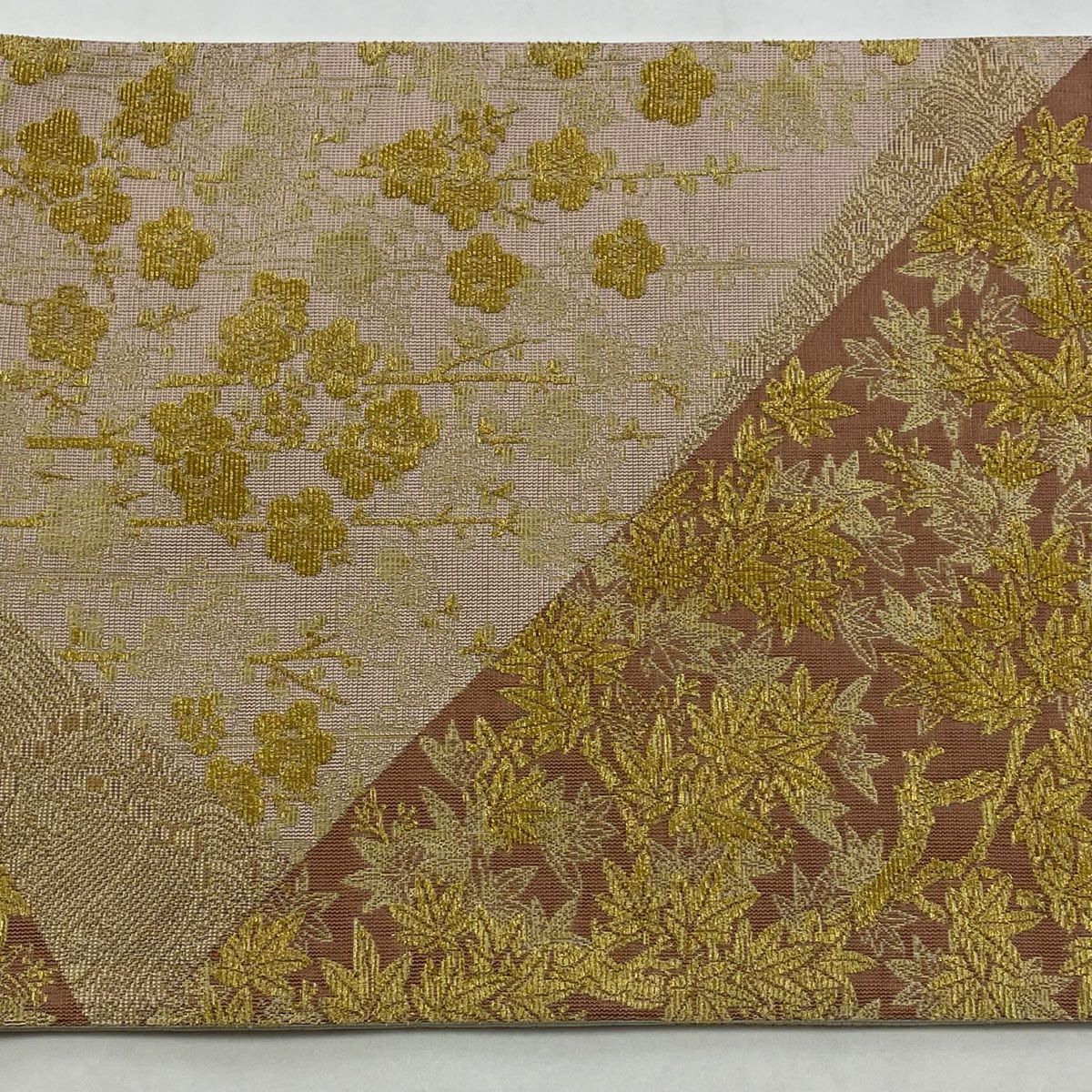 【庫存清倉】 【美品】 袋帶 名品級 楓梅花 金絲 淺粉色 六通 純蠶絲