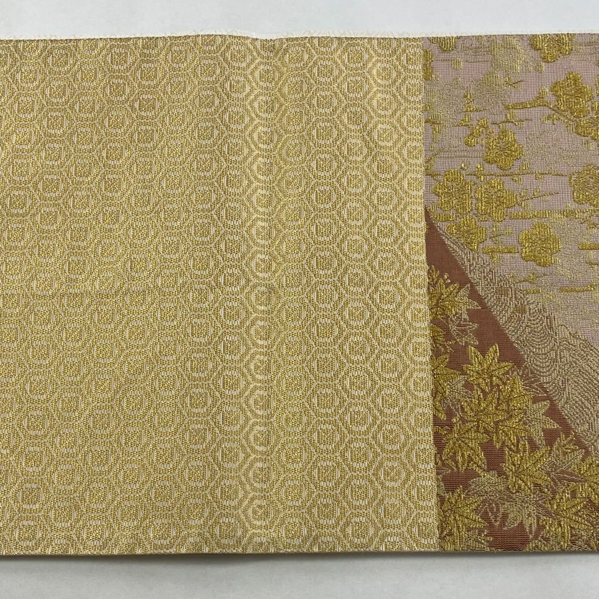 【庫存清倉】 【美品】 袋帶 名品級 楓梅花 金絲 淺粉色 六通 純蠶絲