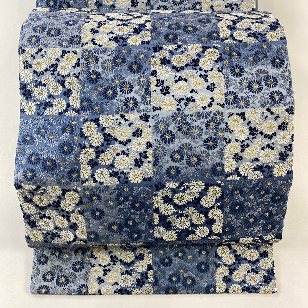 袋帶 逸品級 ますいわ屋 菊花 市松樹 青灰 純蠶絲