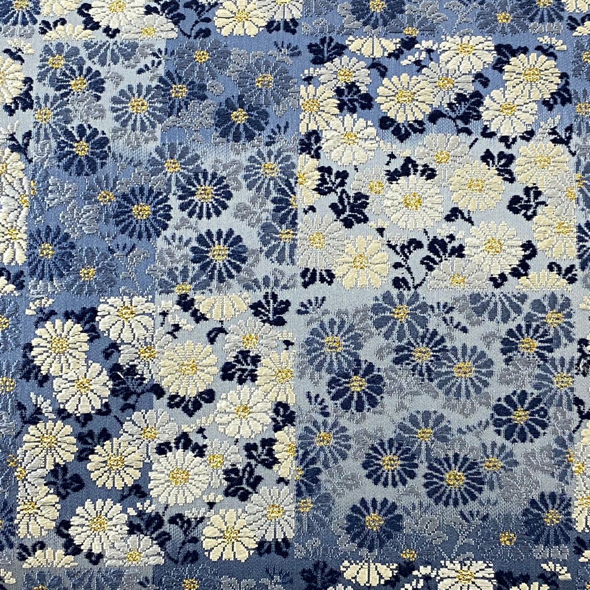 袋帶 逸品級 ますいわ屋 菊花 市松樹 青灰 純蠶絲