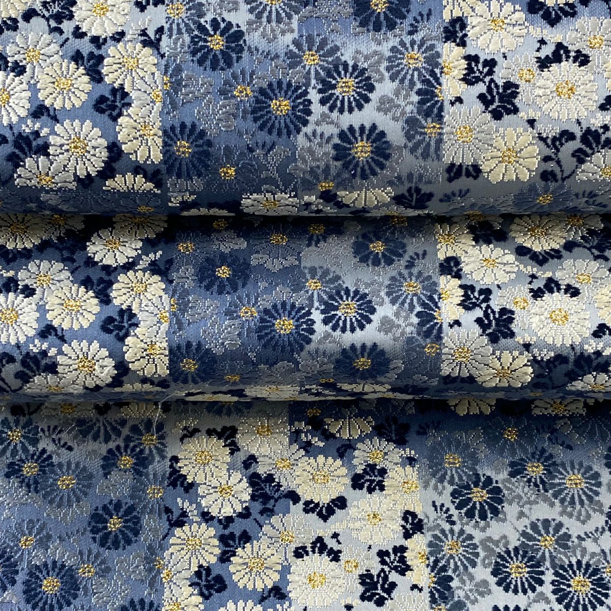 袋帶 逸品級 ますいわ屋 菊花 市松樹 青灰 純蠶絲