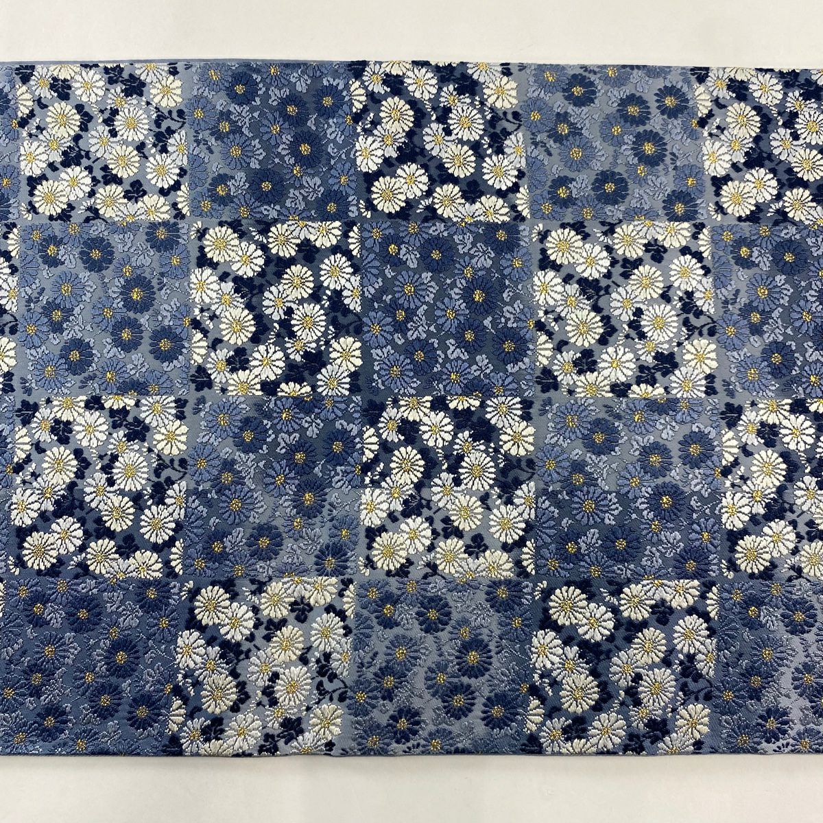 袋帶 逸品級 ますいわ屋 菊花 市松樹 青灰 純蠶絲