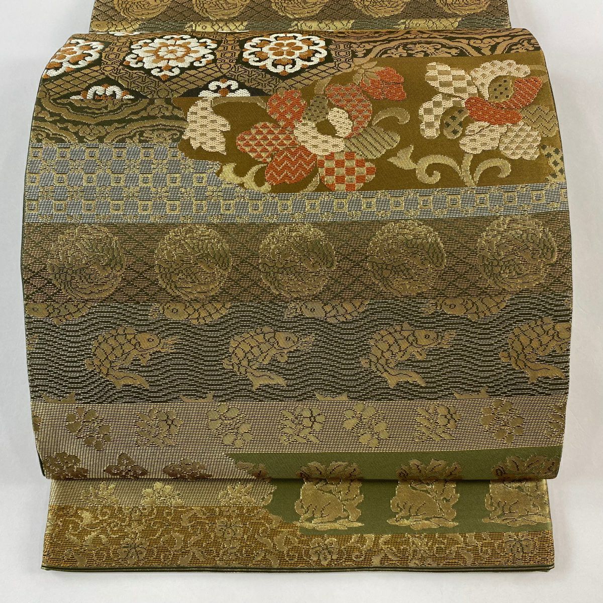 【美品】 袋帶 逸品級 川島織物 落款あり 關西仕立 名物裂文樣 金金箔 山吹茶 六通 純蠶絲