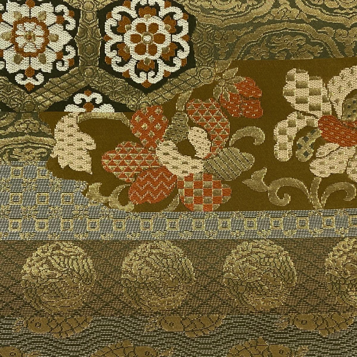 【美品】 袋帶 逸品級 川島織物 落款あり 關西仕立 名物裂文樣 金金箔 山吹茶 六通 純蠶絲