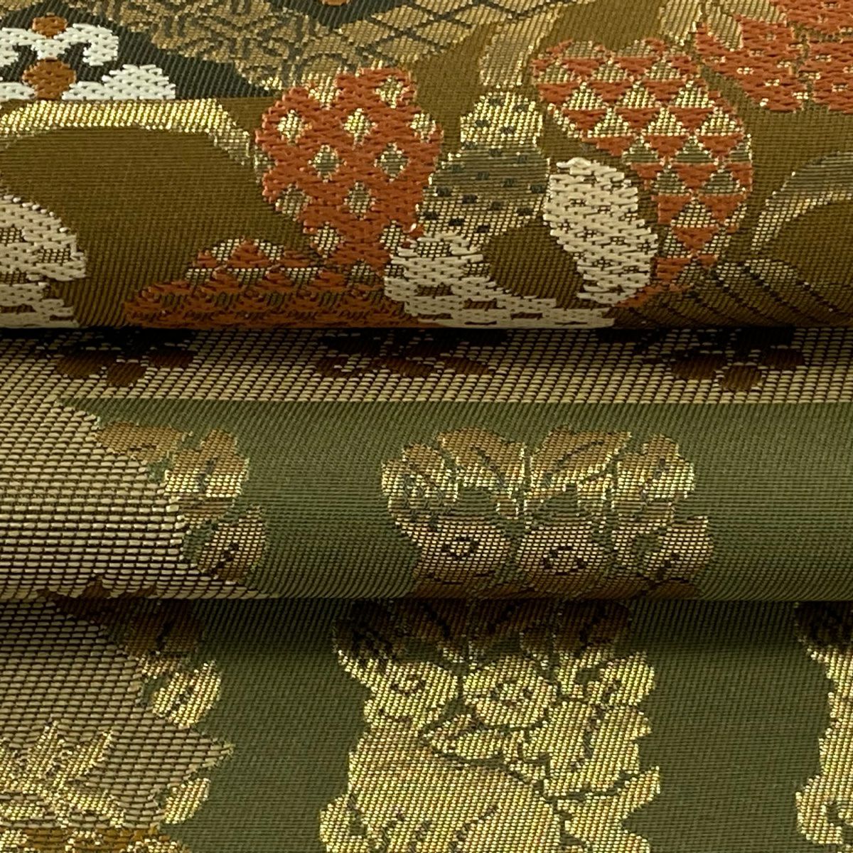【美品】 袋帶 逸品級 川島織物 落款あり 關西仕立 名物裂文樣 金金箔 山吹茶 六通 純蠶絲