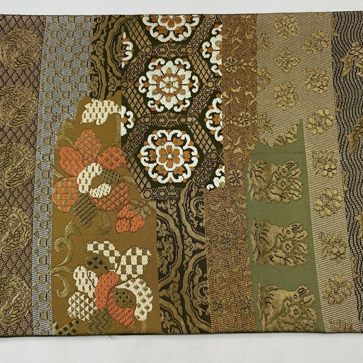 【美品】 袋帶 逸品級 川島織物 落款あり 關西仕立 名物裂文樣 金金箔 山吹茶 六通 純蠶絲
