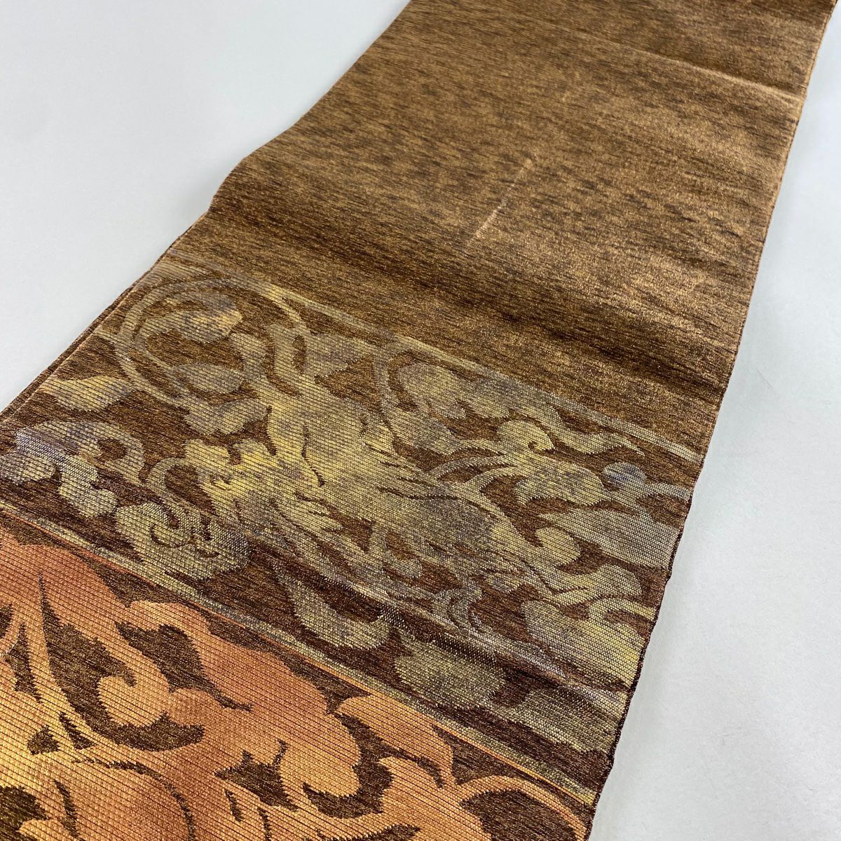 【美品】 袋帶 逸品級 落款あり 動物 花唐草紋 金糸 金金箔 茶 六通 純蠶絲