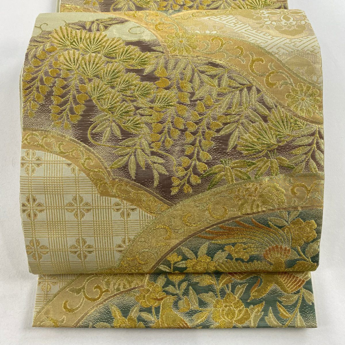 袋帶 逸品級 川島織物 落款 花鳥 松樹 金絲 金金箔 米色 六通 純蠶絲