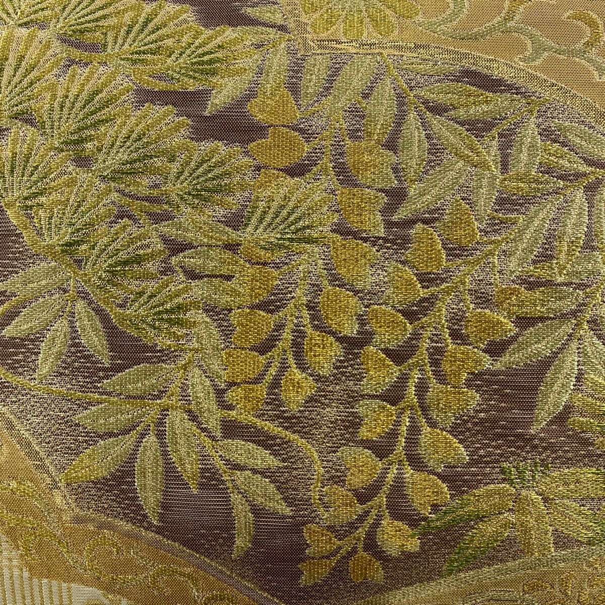 袋帶 逸品級 川島織物 落款 花鳥 松樹 金絲 金金箔 米色 六通 純蠶絲