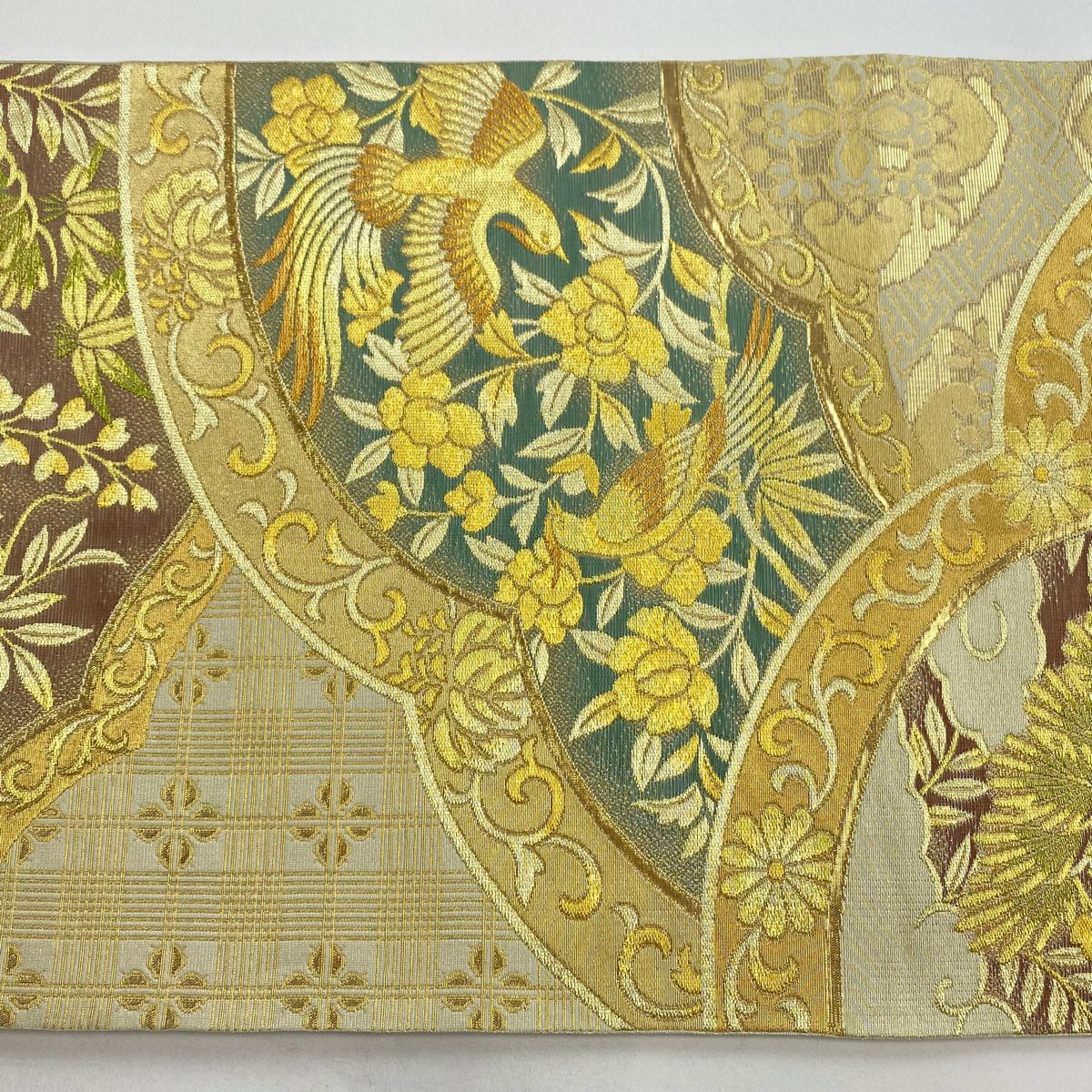 袋帶 逸品級 川島織物 落款 花鳥 松樹 金絲 金金箔 米色 六通 純蠶絲