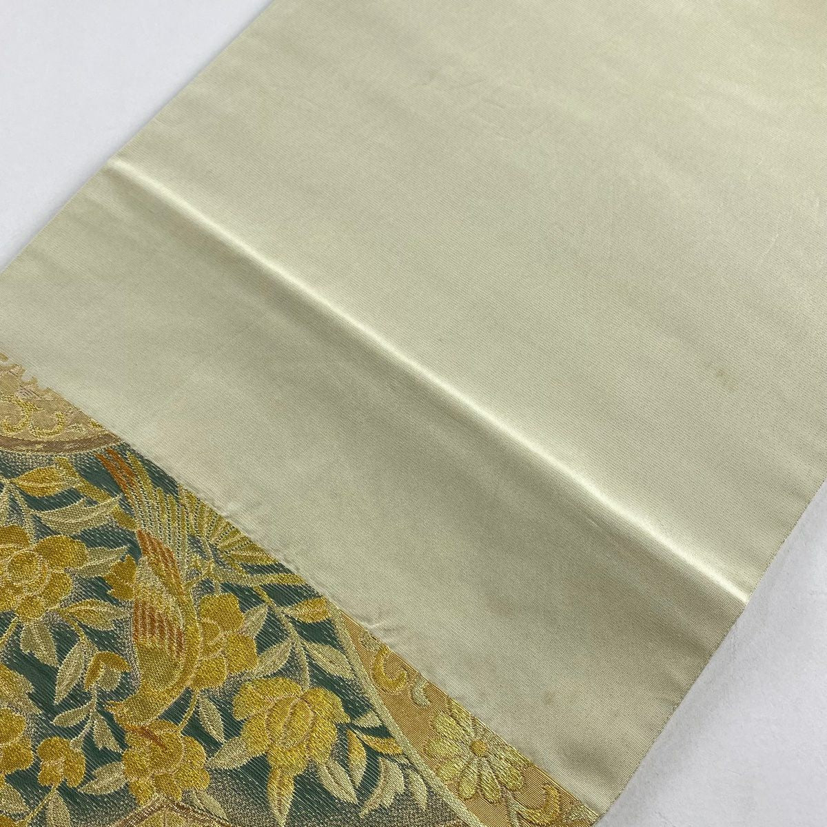 袋帶 逸品級 川島織物 落款 花鳥 松樹 金絲 金金箔 米色 六通 純蠶絲
