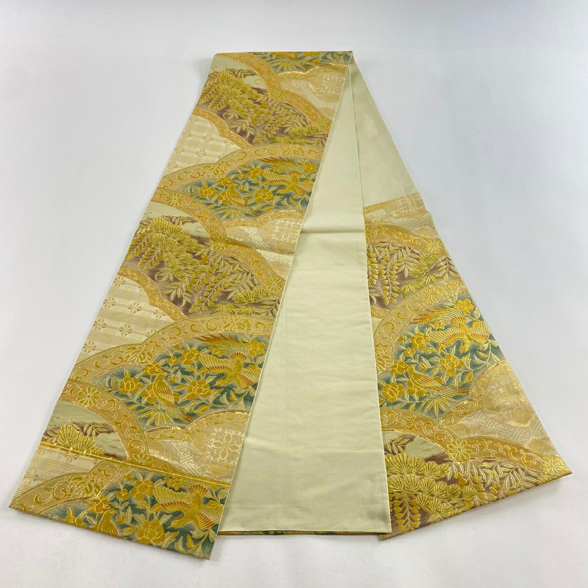 袋帶 逸品級 川島織物 落款 花鳥 松樹 金絲 金金箔 米色 六通 純蠶絲