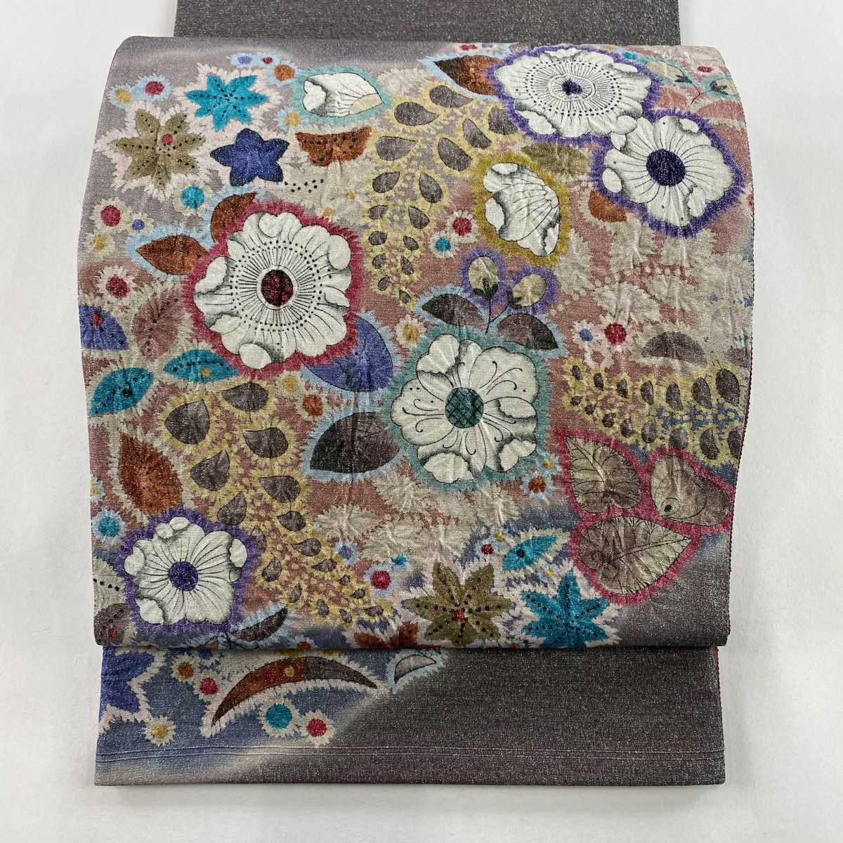 【庫存清倉】 【美品】 袋帶 名品級 辻花染 銀通 灰紫 お太鼓圖案 純蠶絲