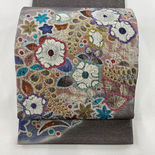 【庫存清倉】 【美品】 袋帶 名品級 辻花染 銀通 灰紫 お太鼓圖案 純蠶絲
