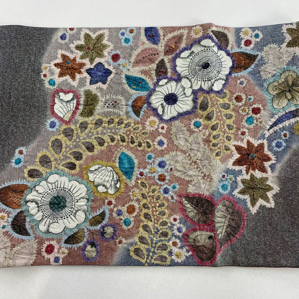 【庫存清倉】 【美品】 袋帶 名品級 辻花染 銀通 灰紫 お太鼓圖案 純蠶絲