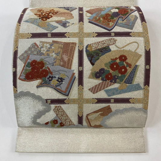 【庫存清倉】 袋帶 名品級 冊子 檜扇子 相良刺繡 金金箔 銀色 大鼓圖案 純蠶絲